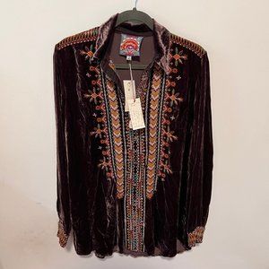 Johnny Was Chiri Embroidered Button-Front Brown Velvet Shirt